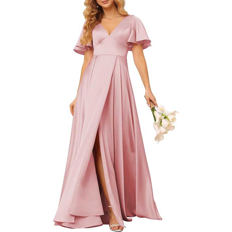 Satin Bridesmaid Dresses Ruffle Sleeves A-Line Long Evening Gowns