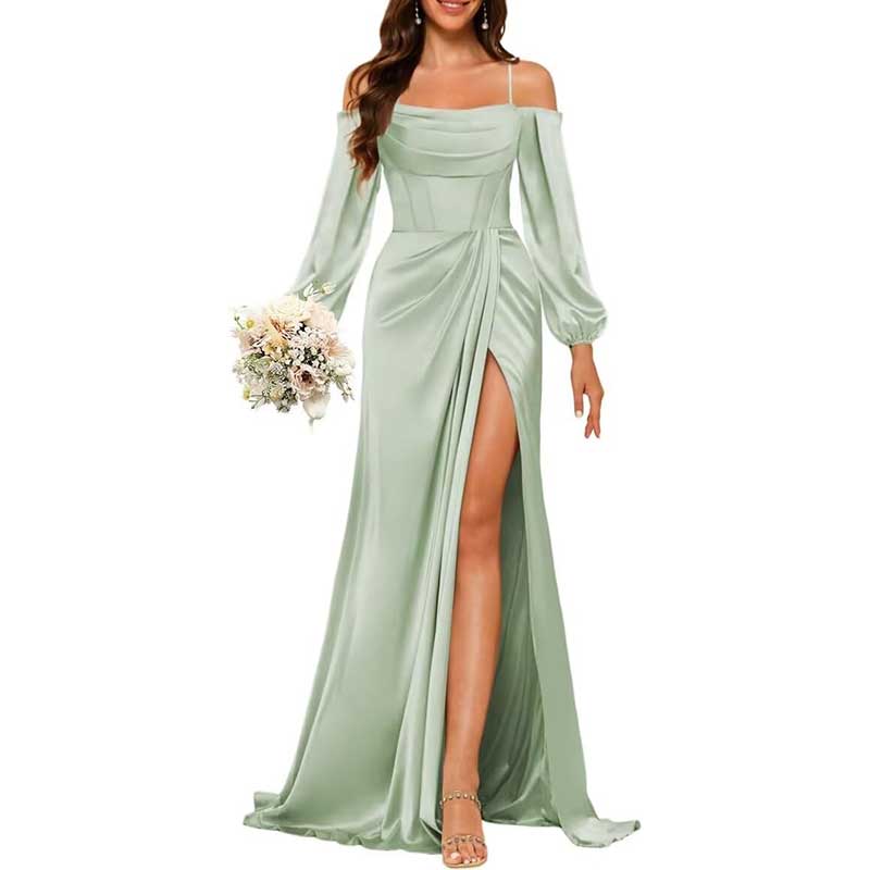 Satin Bridesmaid Dresses Long Sleeve Formal Gowns Long Prom Dresses