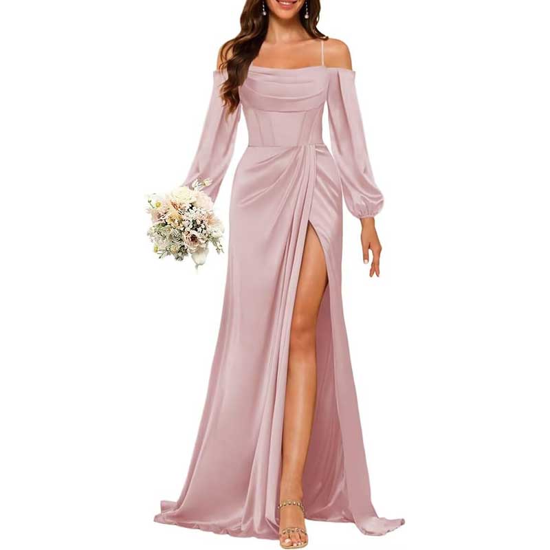 Satin Bridesmaid Dresses Long Sleeve Formal Gowns Long Prom Dresses