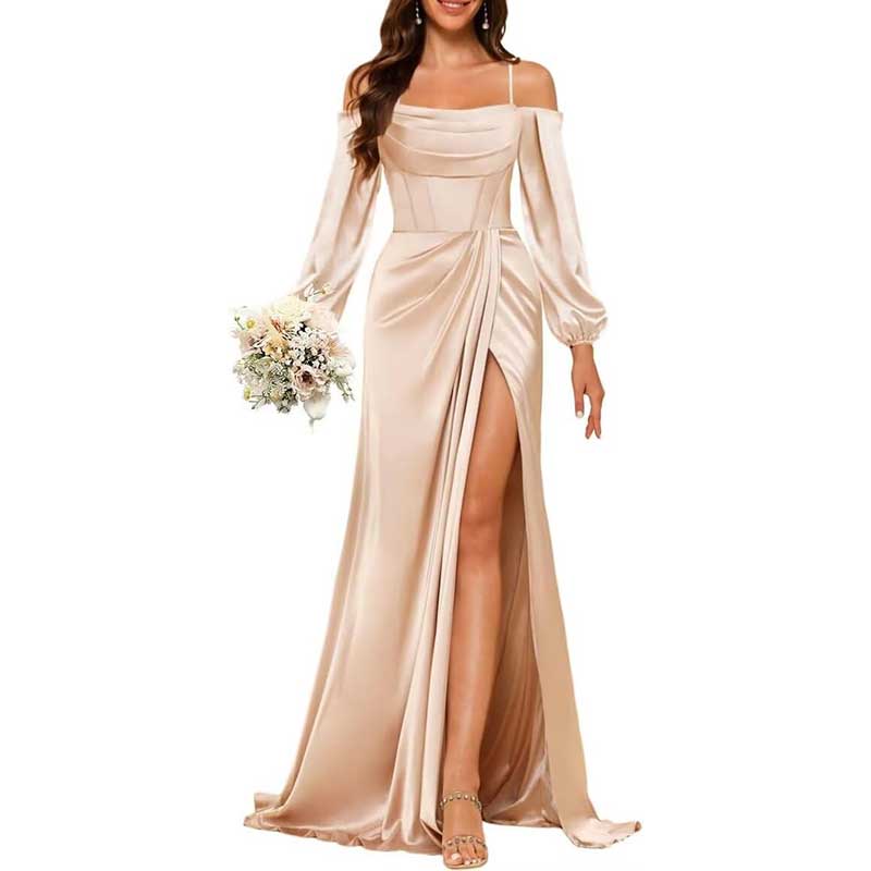 Satin Bridesmaid Dresses Long Sleeve Formal Gowns Long Prom Dresses