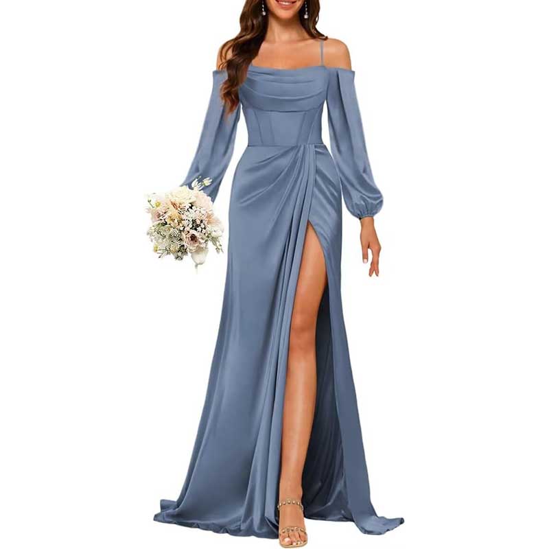 Satin Bridesmaid Dresses Long Sleeve Formal Gowns Long Prom Dresses