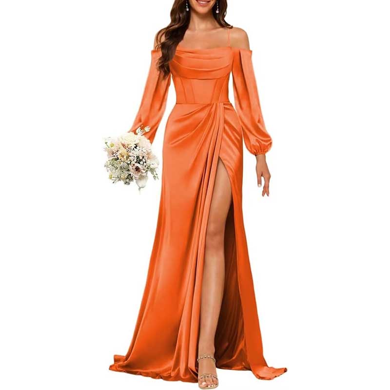 Satin Bridesmaid Dresses Long Sleeve Formal Gowns Long Prom Dresses