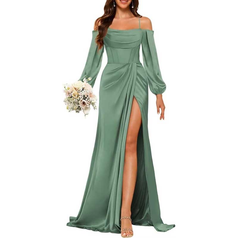 Satin Bridesmaid Dresses Long Sleeve Formal Gowns Long Prom Dresses