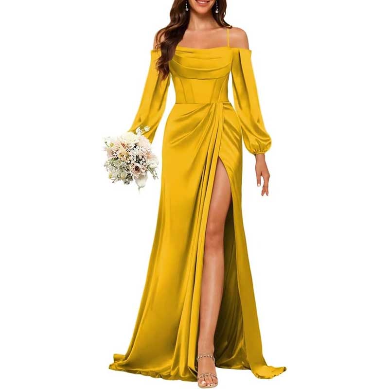 Satin Bridesmaid Dresses Long Sleeve Formal Gowns Long Prom Dresses