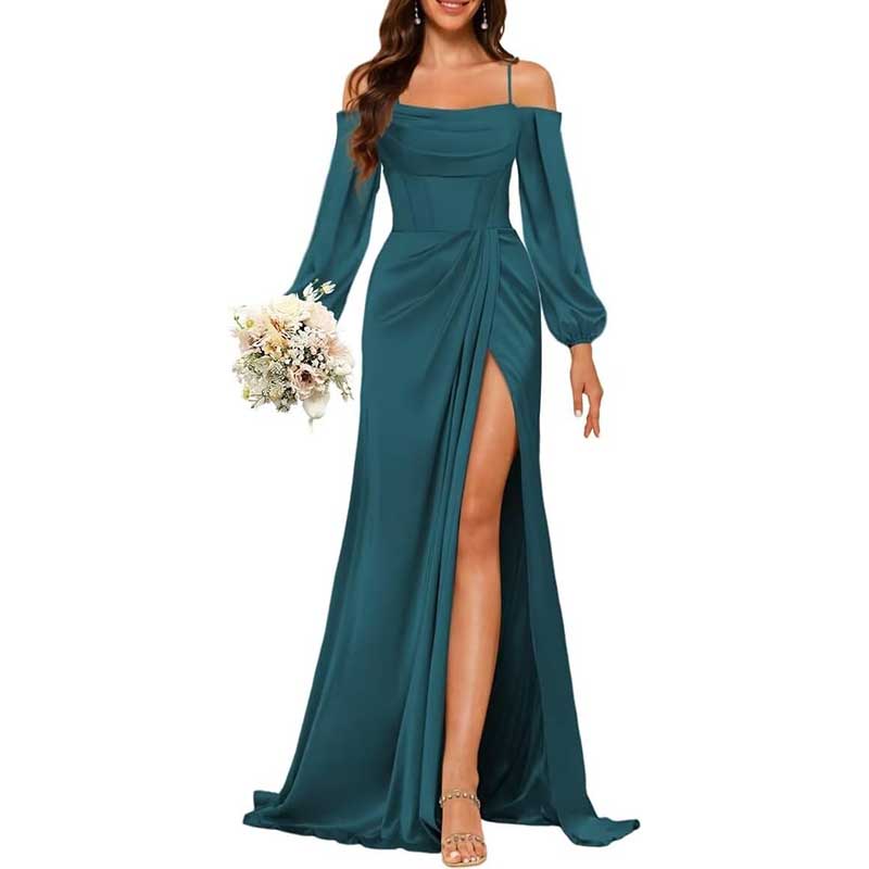 Satin Bridesmaid Dresses Long Sleeve Formal Gowns Long Prom Dresses