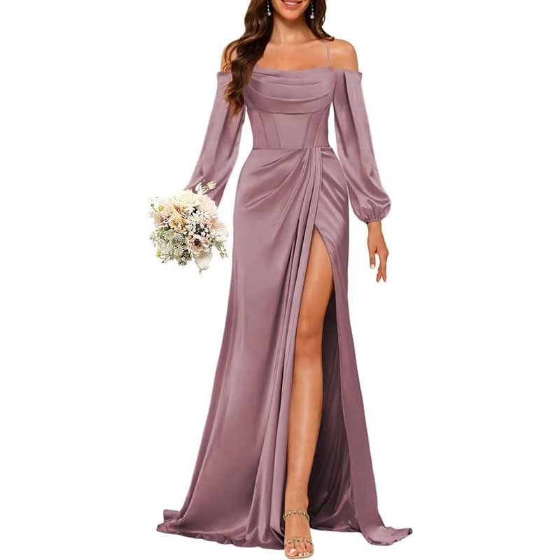 Satin Bridesmaid Dresses Long Sleeve Formal Gowns Long Prom Dresses