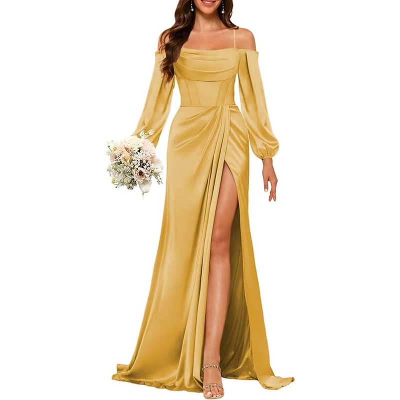 Satin Bridesmaid Dresses Long Sleeve Formal Gowns Long Prom Dresses