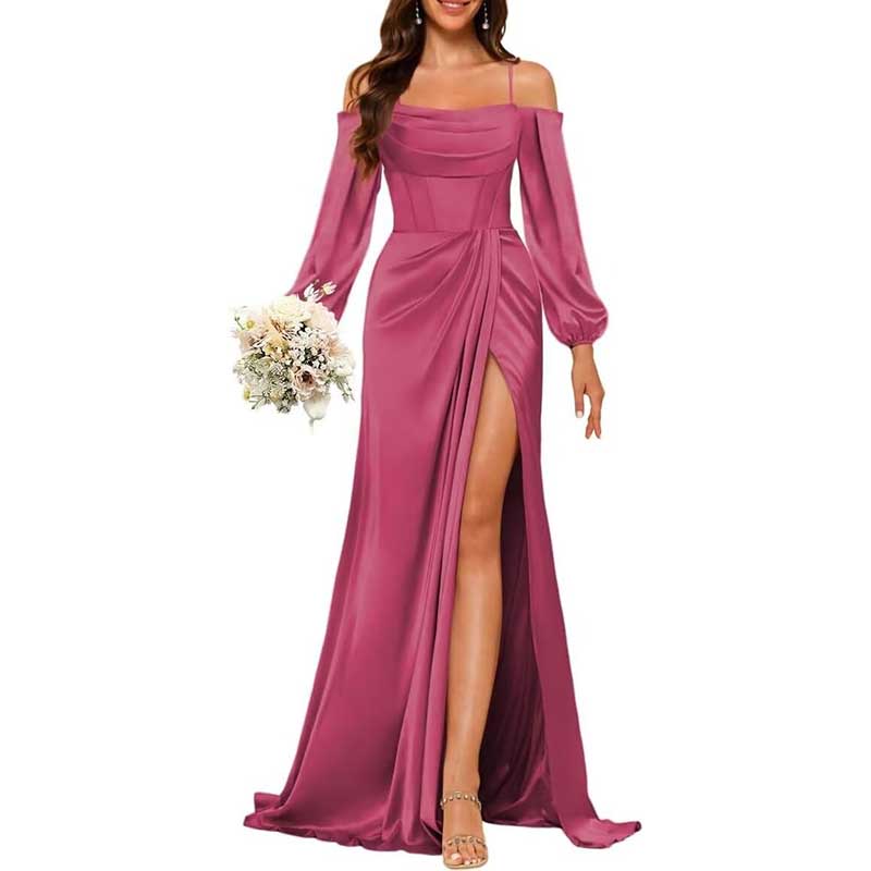 Satin Bridesmaid Dresses Long Sleeve Formal Gowns Long Prom Dresses