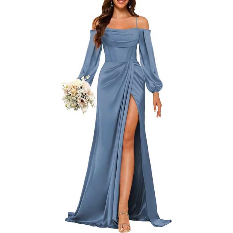 Satin Bridesmaid Dresses Long Sleeve Formal Gowns Long Prom Dresses