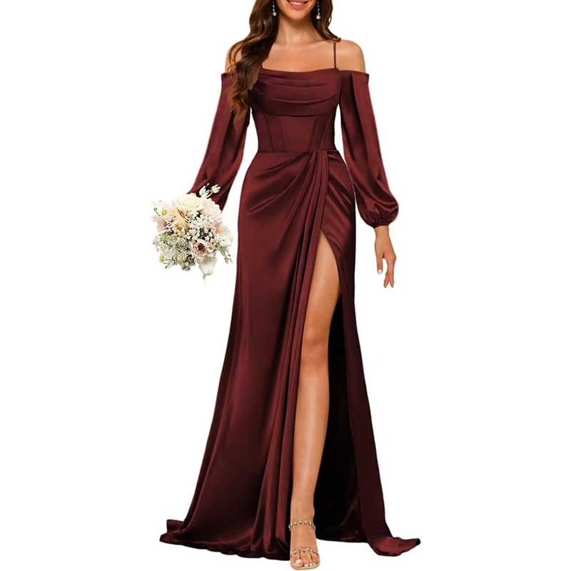 Satin Bridesmaid Dresses Long Sleeve Formal Gowns Long Prom Dresses