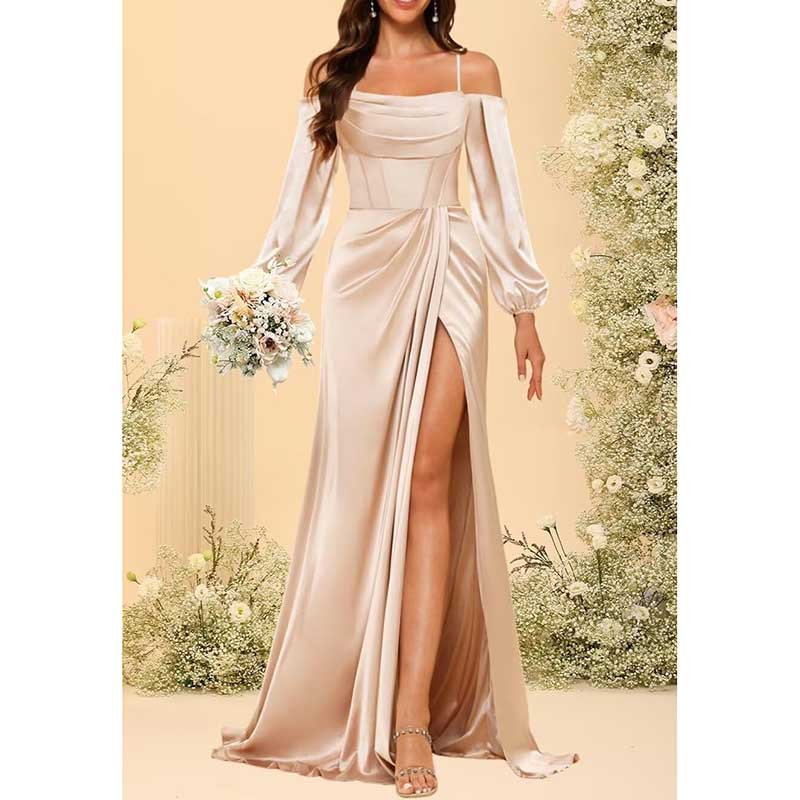 Satin Bridesmaid Dresses Long Sleeve Formal Gowns Long Prom Dresses