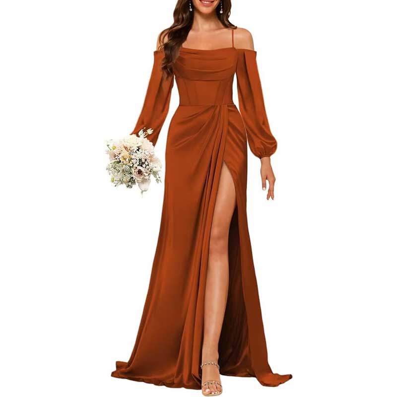 Satin Bridesmaid Dresses Long Sleeve Formal Gowns Long Prom Dresses