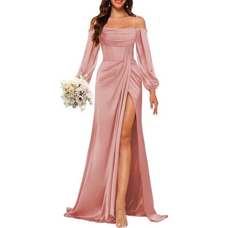 Satin Bridesmaid Dresses Long Sleeve Formal Gowns Long Prom Dresses
