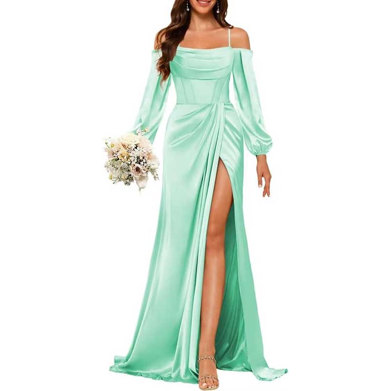 Satin Bridesmaid Dresses Long Sleeve Formal Gowns Long Prom Dresses