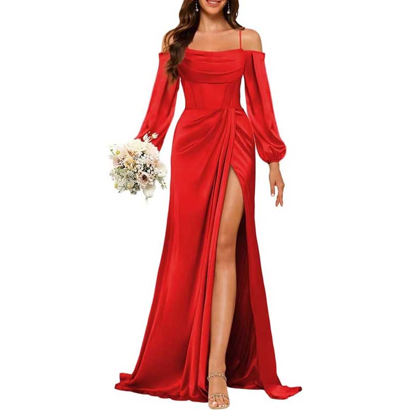 Satin Bridesmaid Dresses Long Sleeve Formal Gowns Long Prom Dresses