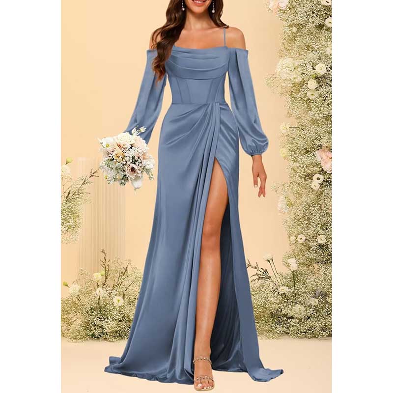 Satin Bridesmaid Dresses Long Sleeve Formal Gowns Long Prom Dresses