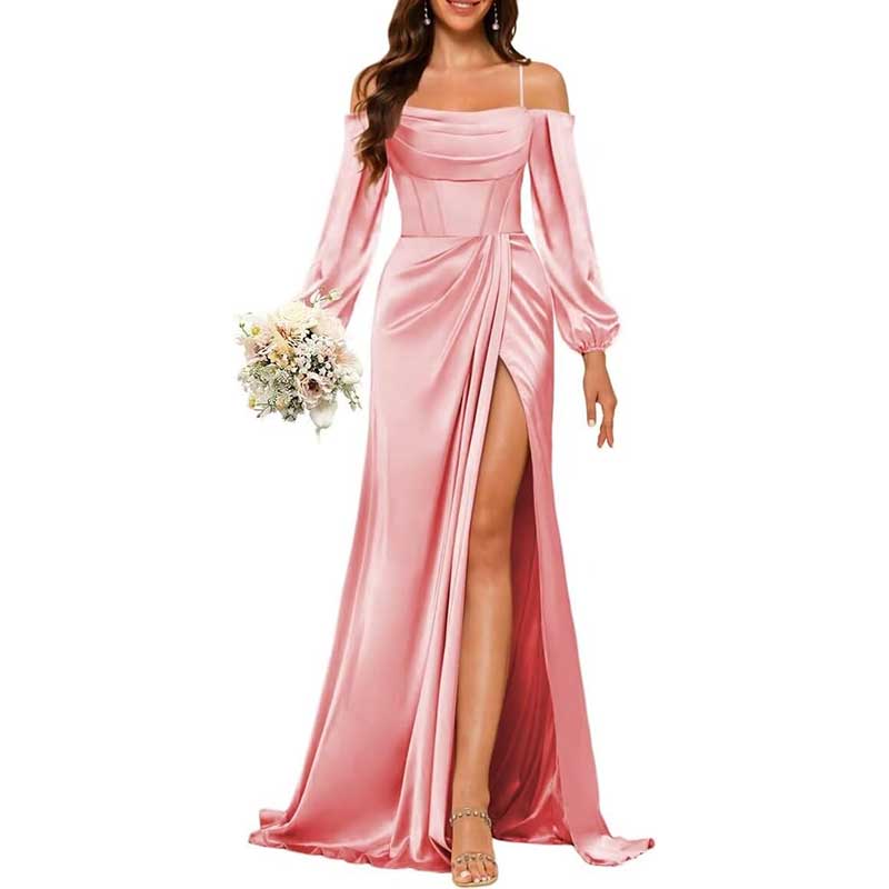 Satin Bridesmaid Dresses Long Sleeve Formal Gowns Long Prom Dresses