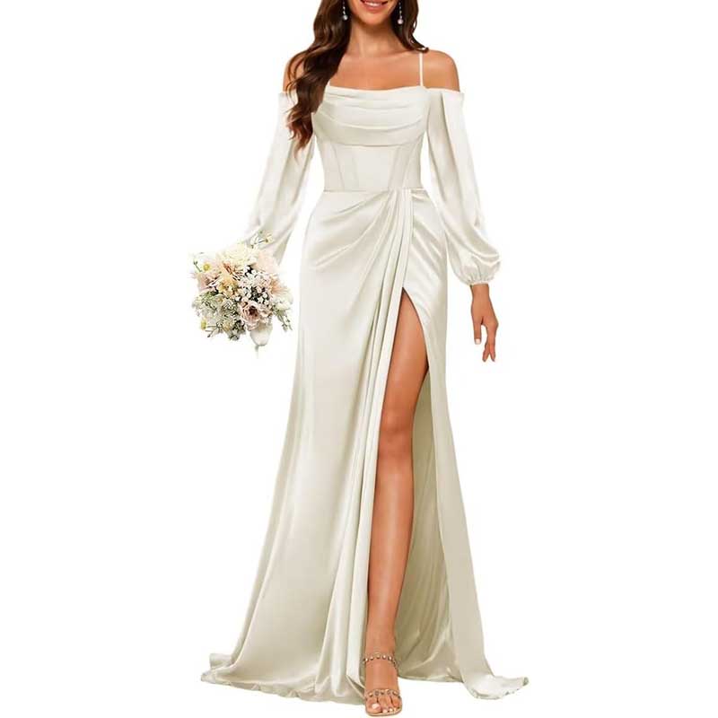 Satin Bridesmaid Dresses Long Sleeve Formal Gowns Long Prom Dresses