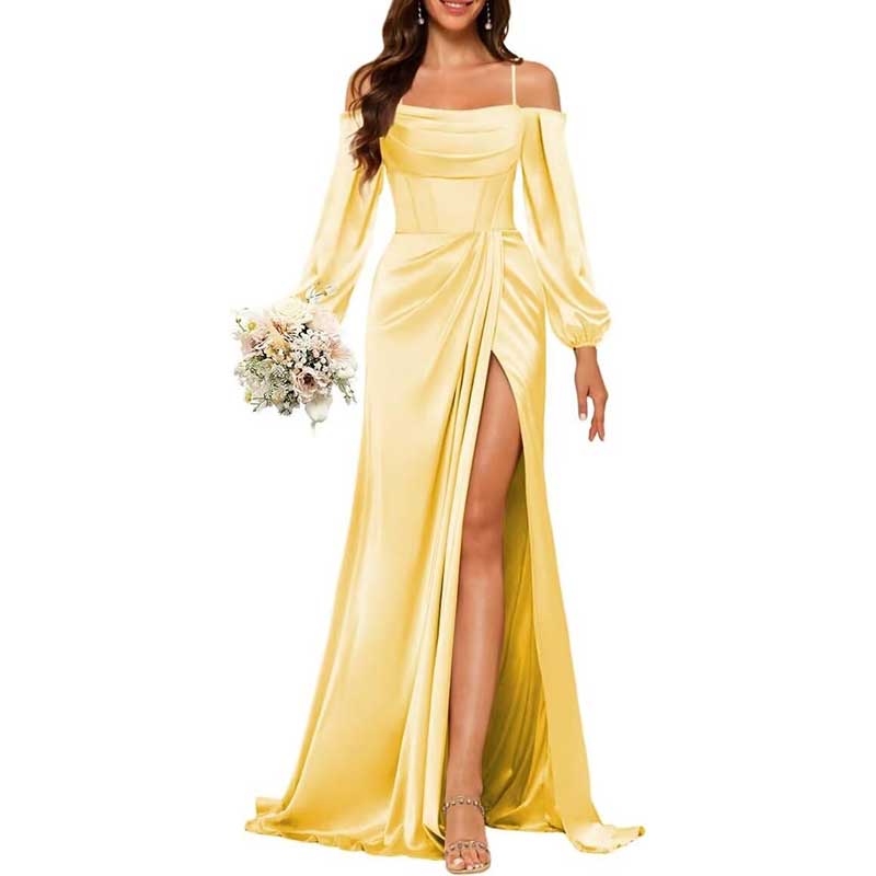 Satin Bridesmaid Dresses Long Sleeve Formal Gowns Long Prom Dresses