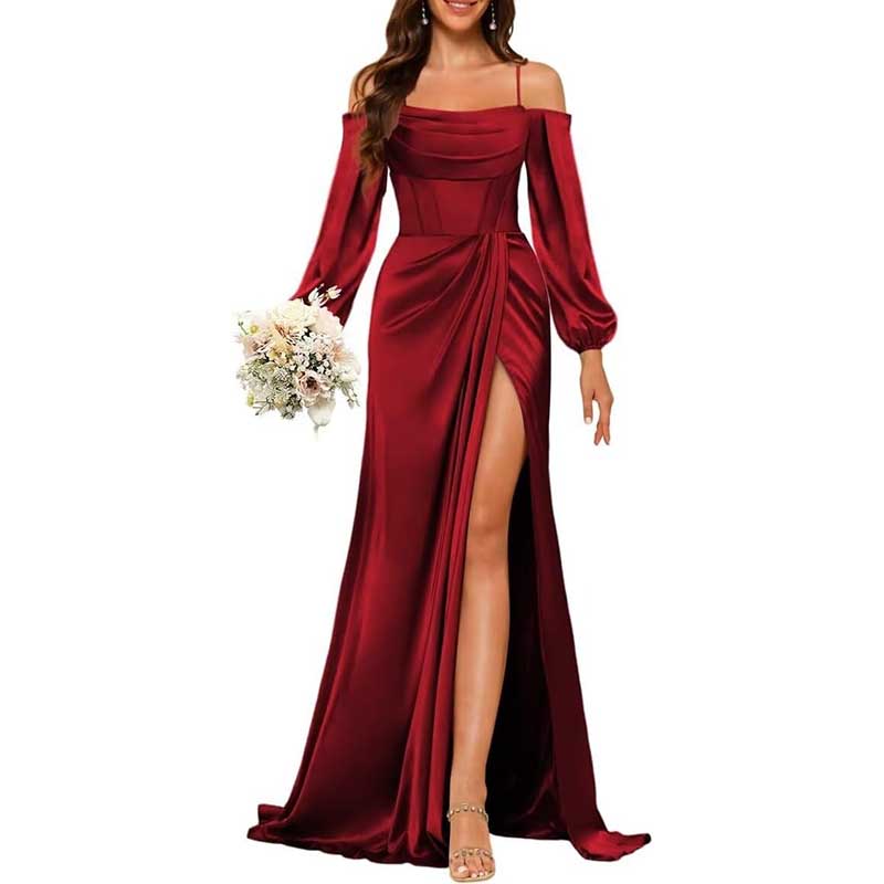 Satin Bridesmaid Dresses Long Sleeve Formal Gowns Long Prom Dresses