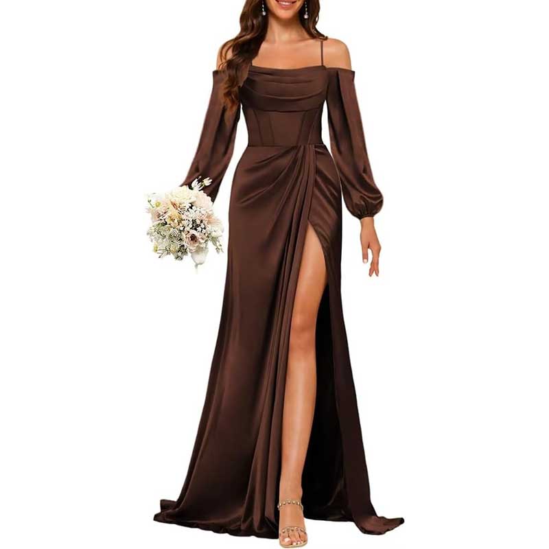 Satin Bridesmaid Dresses Long Sleeve Formal Gowns Long Prom Dresses