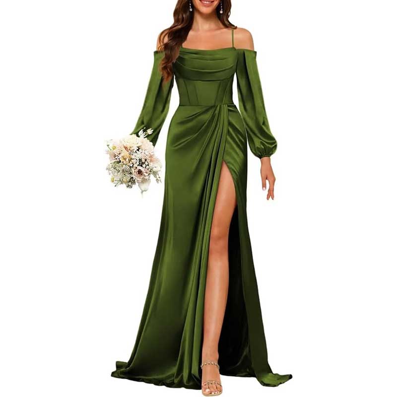 Satin Bridesmaid Dresses Long Sleeve Formal Gowns Long Prom Dresses