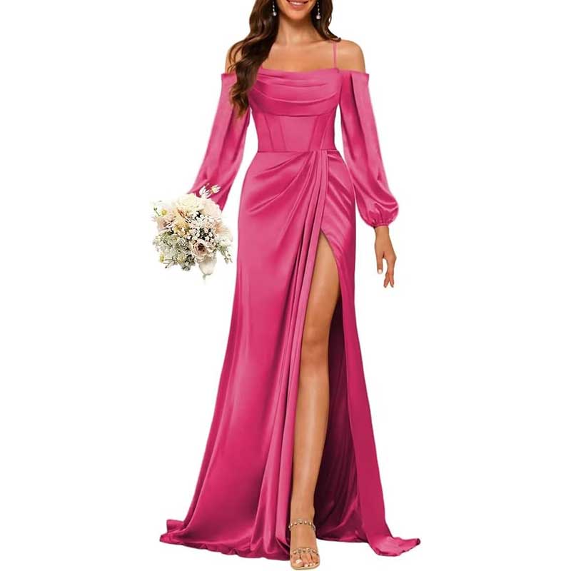 Satin Bridesmaid Dresses Long Sleeve Formal Gowns Long Prom Dresses