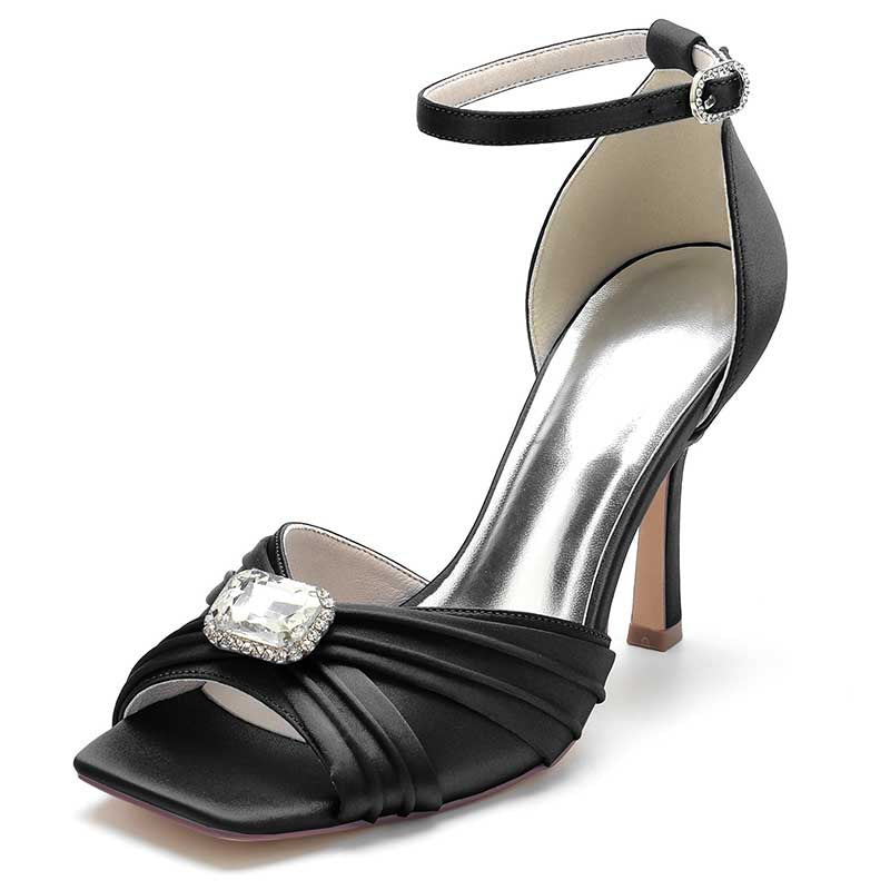 3.74" Satin Dress Shoes Open Toe Stiletto Prom Sandals With Rhinestones