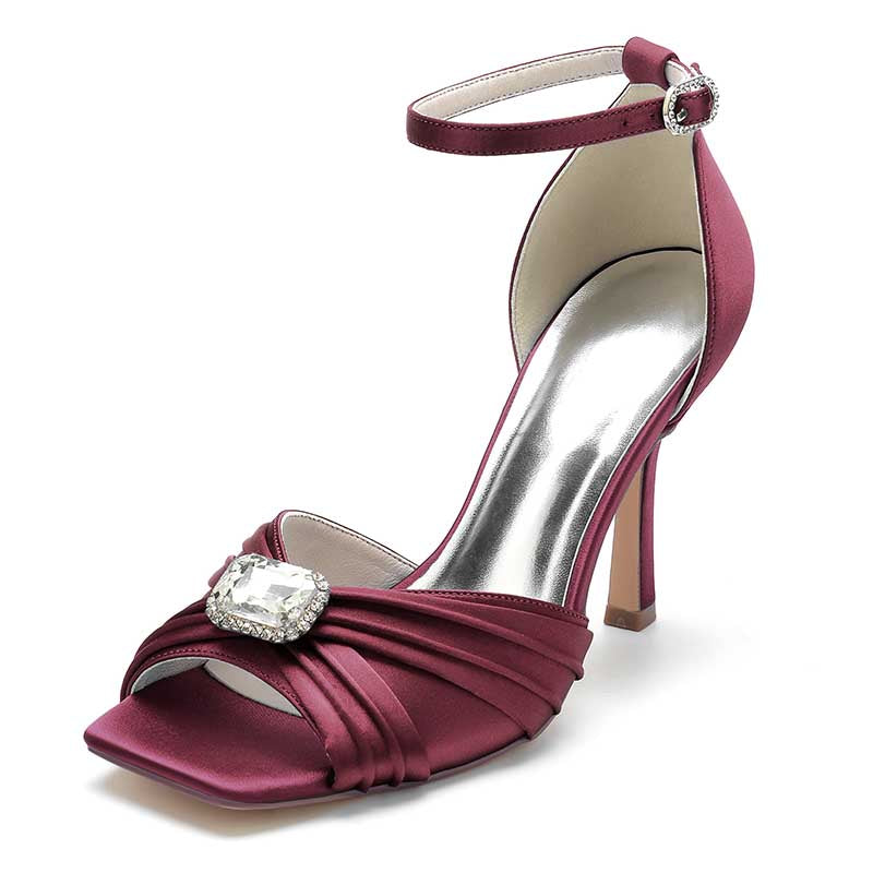3.74" Satin Dress Shoes Open Toe Stiletto Prom Sandals With Rhinestones