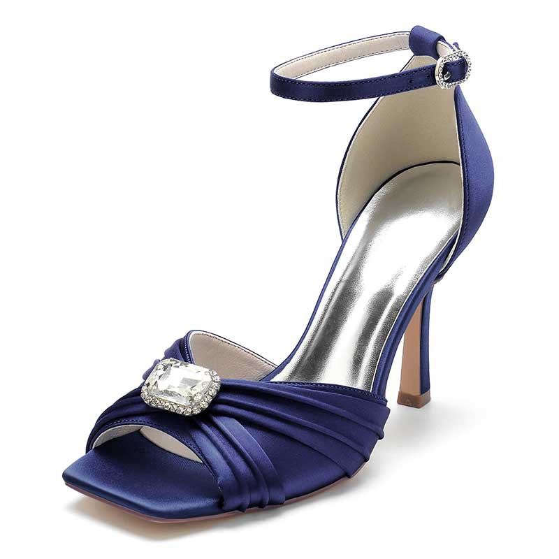 3.74" Satin Dress Shoes Open Toe Stiletto Prom Sandals With Rhinestones