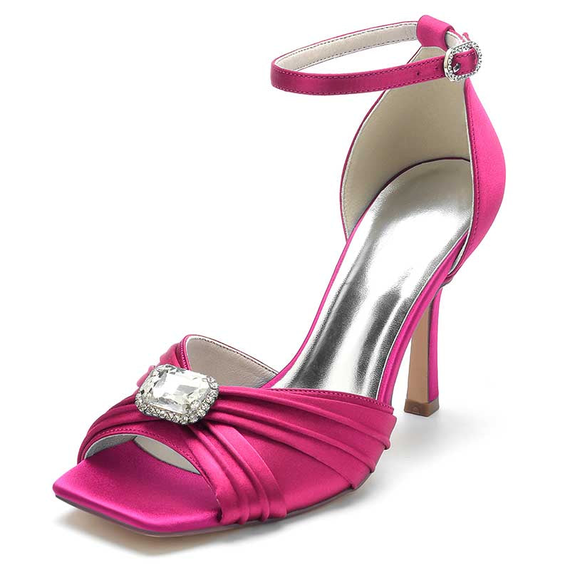 3.74" Satin Dress Shoes Open Toe Stiletto Prom Sandals With Rhinestones