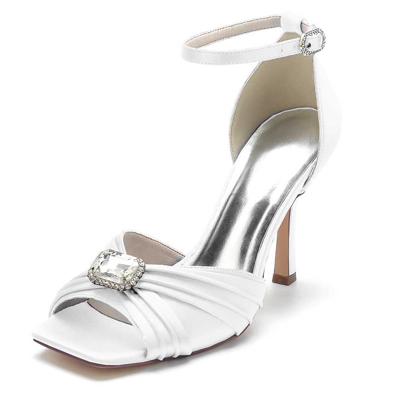 3.74" Satin Dress Shoes Open Toe Stiletto Prom Sandals With Rhinestones