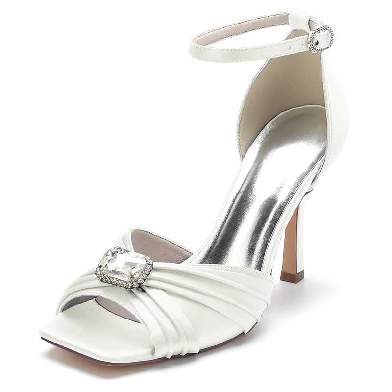 3.74" Satin Dress Shoes Open Toe Stiletto Prom Sandals With Rhinestones