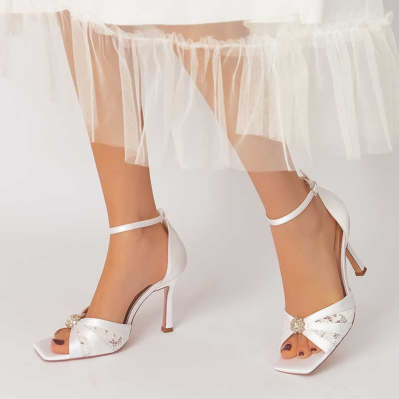 3.74" Satin Dress Shoes Open Toe Strap Stiletto Prom Sandals With Rhinestones