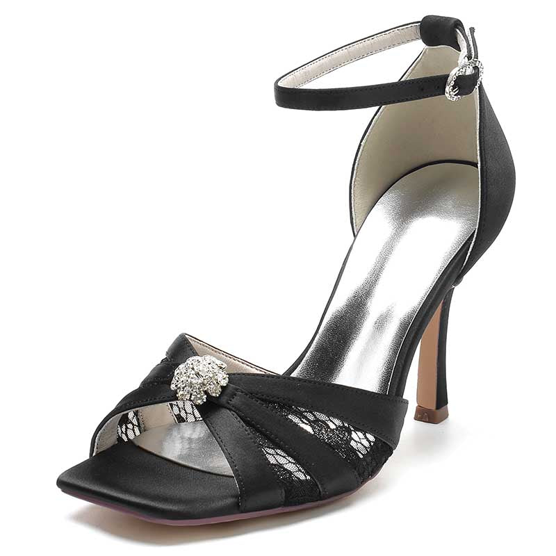 3.74" Satin Dress Shoes Open Toe Strap Stiletto Prom Sandals With Rhinestones