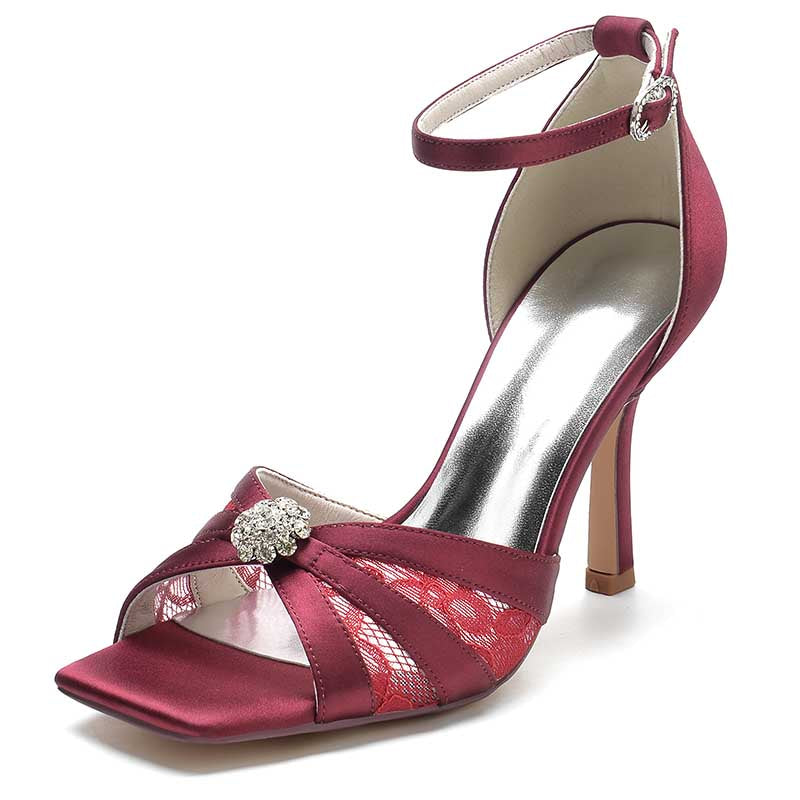 3.74" Satin Dress Shoes Open Toe Strap Stiletto Prom Sandals With Rhinestones