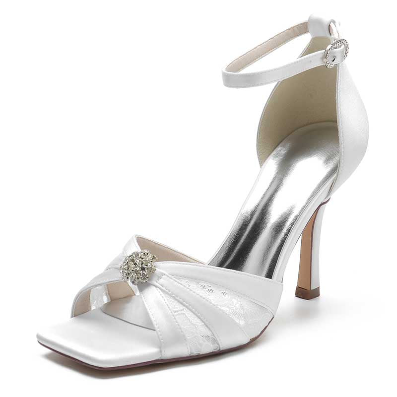 3.74" Satin Dress Shoes Open Toe Strap Stiletto Prom Sandals With Rhinestones