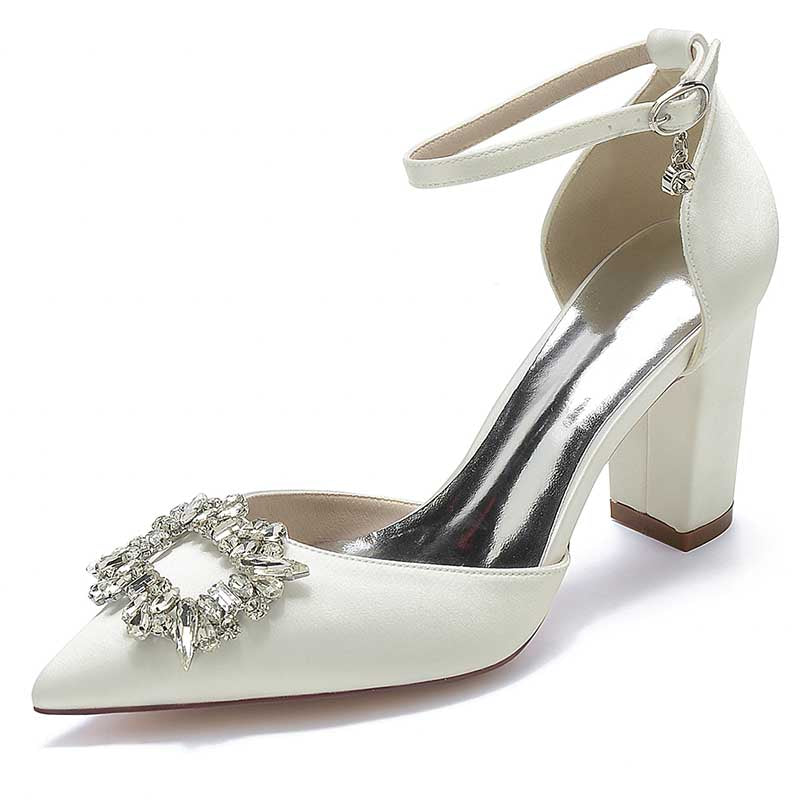 3.35" Satin Formal Shoes Block Heel Strap Wedding Shoes With Rhinestones