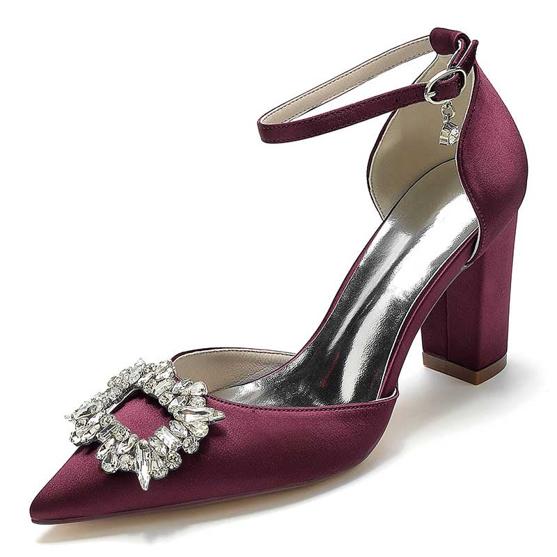 3.35" Satin Formal Shoes Block Heel Strap Wedding Shoes With Rhinestones