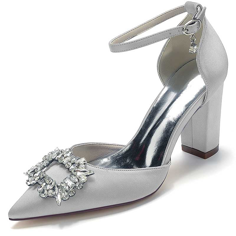 3.35" Satin Formal Shoes Block Heel Strap Wedding Shoes With Rhinestones