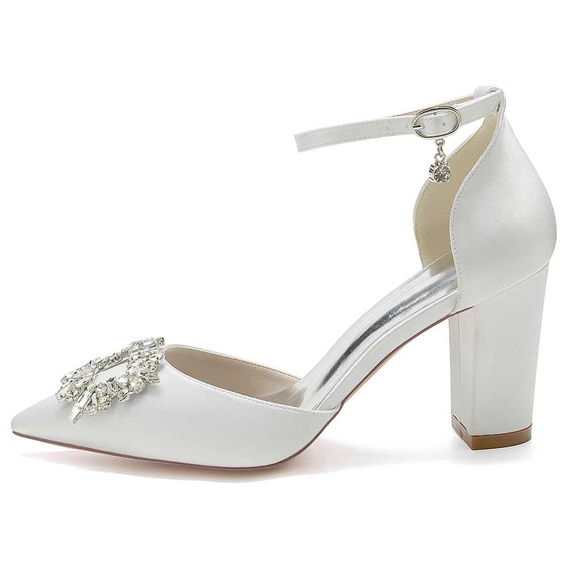 3.35" Satin Formal Shoes Block Heel Strap Wedding Shoes With Rhinestones