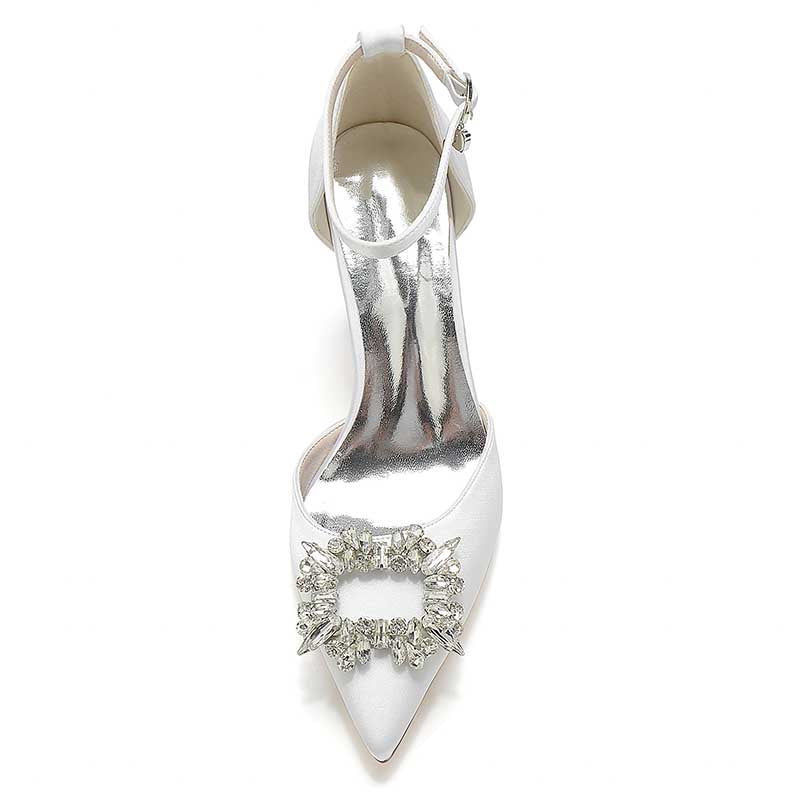 3.35" Satin Formal Shoes Block Heel Strap Wedding Shoes With Rhinestones