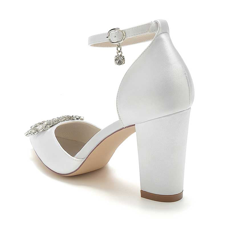 3.35" Satin Formal Shoes Block Heel Strap Wedding Shoes With Rhinestones