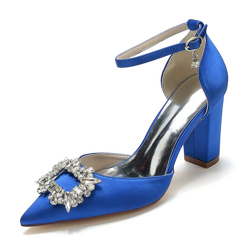 3.35" Satin Formal Shoes Block Heel Strap Wedding Shoes With Rhinestones