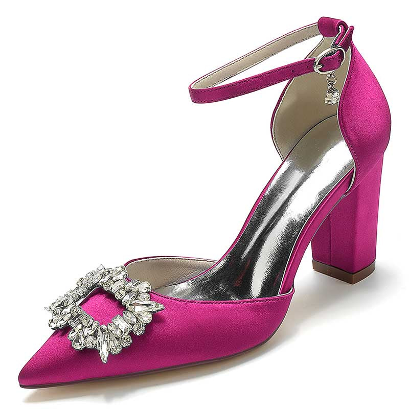 3.35" Satin Formal Shoes Block Heel Strap Wedding Shoes With Rhinestones