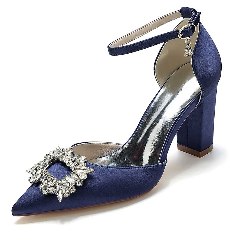 3.35" Satin Formal Shoes Block Heel Strap Wedding Shoes With Rhinestones