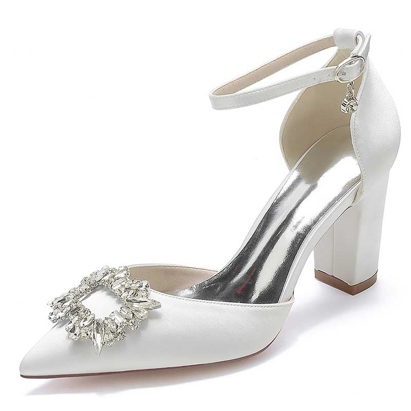 3.35" Satin Formal Shoes Block Heel Strap Wedding Shoes With Rhinestones