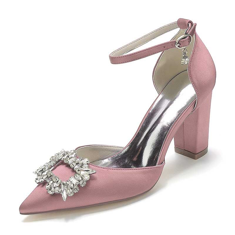 3.35" Satin Formal Shoes Block Heel Strap Wedding Shoes With Rhinestones