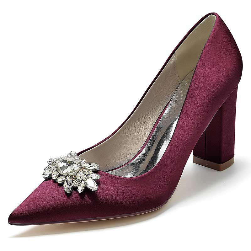 3.35" Satin Formal Shoes Block Heel Wedding Shoes With Rhinestones