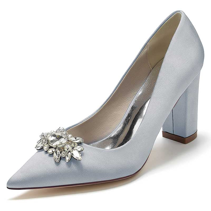 3.35" Satin Formal Shoes Block Heel Wedding Shoes With Rhinestones